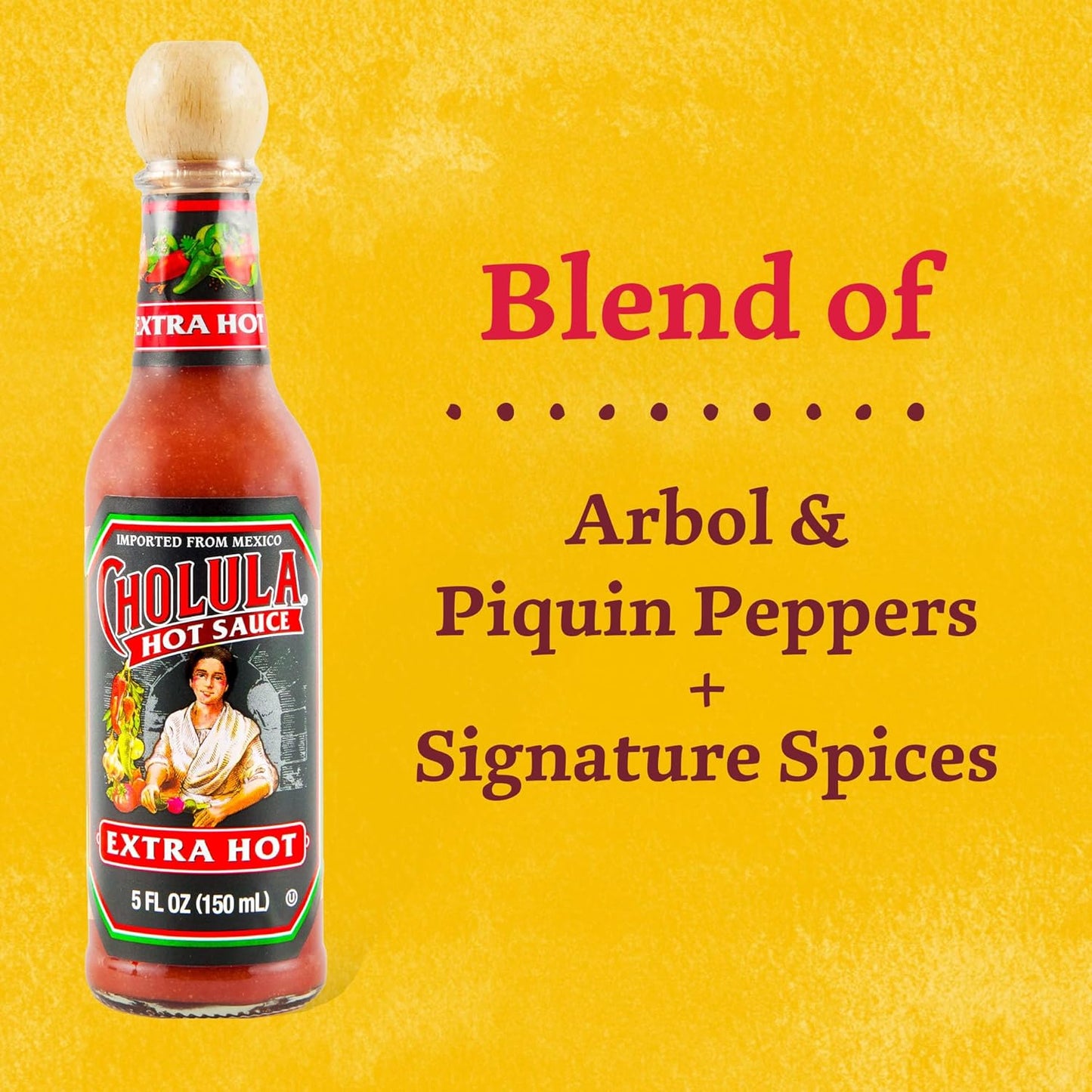 Cholula_Hot_Sauce,_Extra_Hot,_Product_of_Mexico,_Blend_of_Arbol_&_Piquin_Peppers_for_Bringing_Extra_Hot_Heat_to_Tacos,_Eggs,_Pizza_and_More,_5_fl_oz