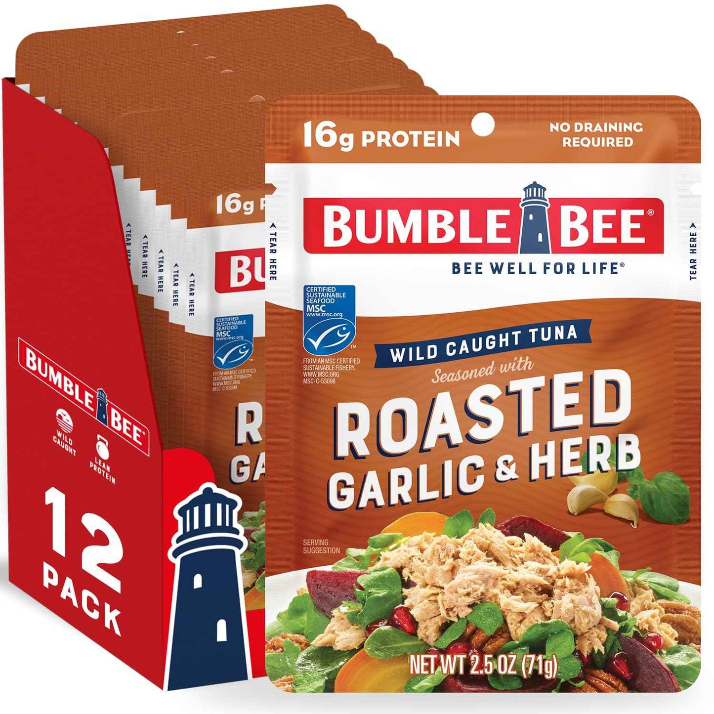 Bumble Bee Seasoned Tuna Pouch - Wild Caught and Ready to Eat for Snack, Salad, Korean Tuna Bowl - 14g Protein per Serving - PERFECT, PORTABLE, GOODNESS - 2.5 oz Packet