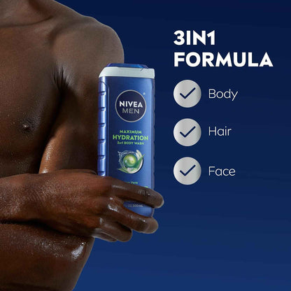 NIVEA MEN Maximum Hydration Body Wash for Dry Skin, Aloe Vera Enriched, 3-in-1 Moisturizing Body Wash, Face and Hair, Paraben Free, Vegan Formula
