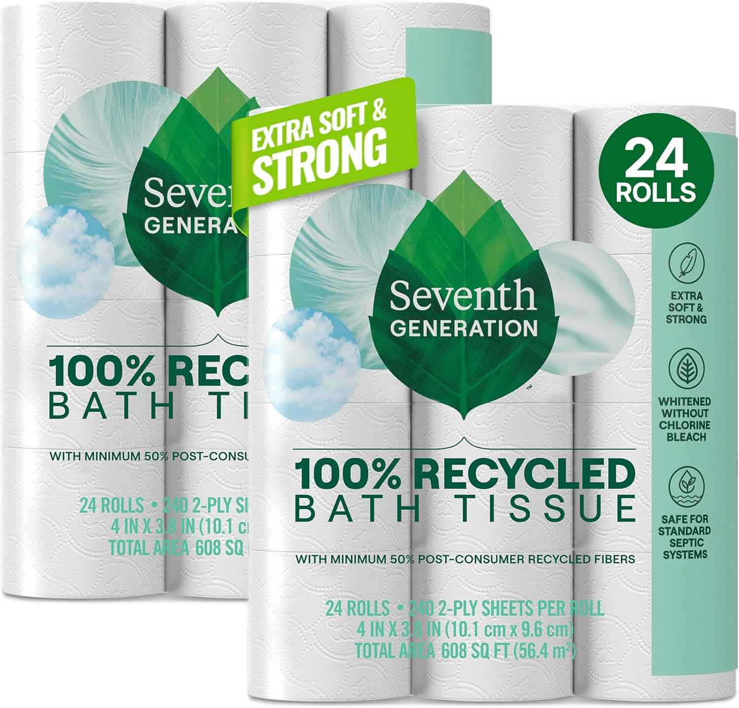 Seventh Generation Toilet Paper, 100% Recycled 2-Ply Bath Tissue, Extra Soft, Strong for Home & RV, Whitened without Chlorine Bleach, No Dyes, Fragrances, Septic Safe