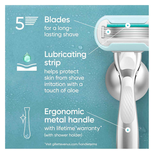 Gillette Venus Razor for Women, Includes 1 Reusable Razor Handle + 2 Refills, for Sensitive Skin with Metal Handle and Shower Holder