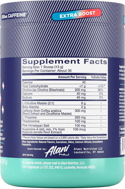 Alani Nu Pre Workout+ Powder, Extra Boost, Sugar Free, 300mg Caffeine, L-Theanine, Beta-Alanine, Citrulline, 30 Servings