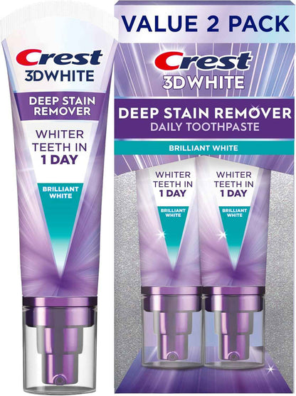 Crest 3D White Deep Stain Remover Toothpaste, Teeth whitening for Adults, 3.1oz, 2 Pack, Sensitivity Safe, Enamel Repair, Cavity Protection, Fluoride Toothpaste, Travel Size Toiletries