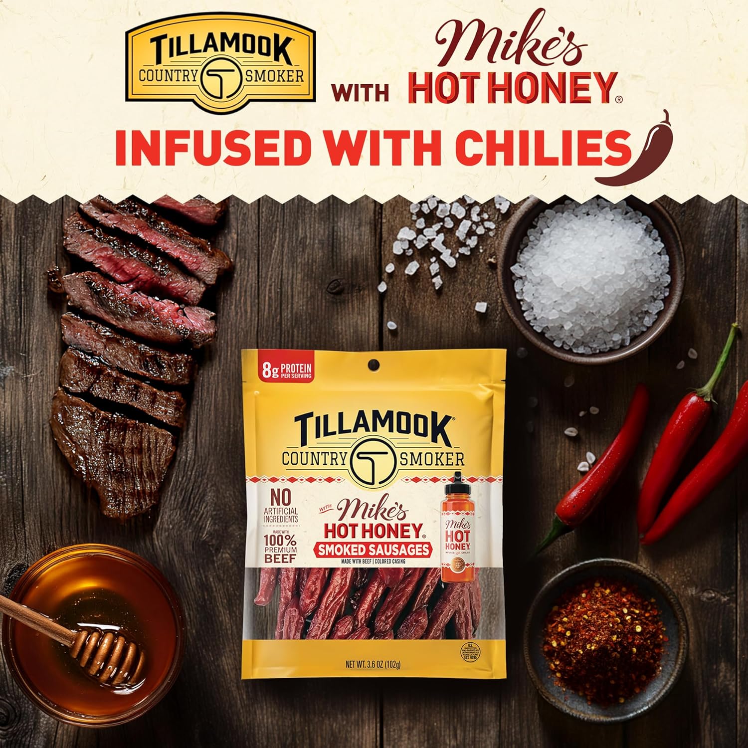 Tillamook_Country_Smoker_Beef_Smoked_Sausages,_Mike's_Hot_Honey,_3.6_Ounce,_Real_Hardwood_Smoked_Sausages,_Low_Carb,_High_Protein,_Ready_to_Eat_Sweet_&_Spicy_Snack