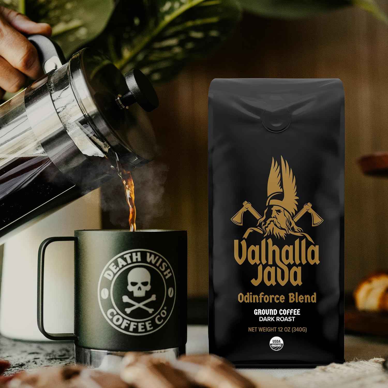 Death Wish Coffee Valhalla Java Dark Roast Ground Coffee, Bold & Intense Blend of Arabica Robusta Beans, USDA Organic