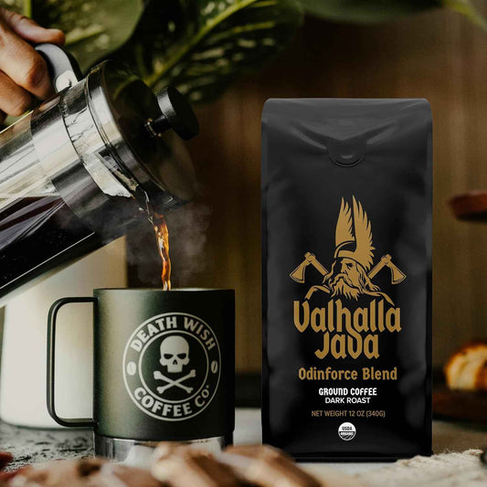 Death Wish Coffee Valhalla Java Dark Roast Ground Coffee, Bold & Intense Blend of Arabica Robusta Beans, USDA Organic