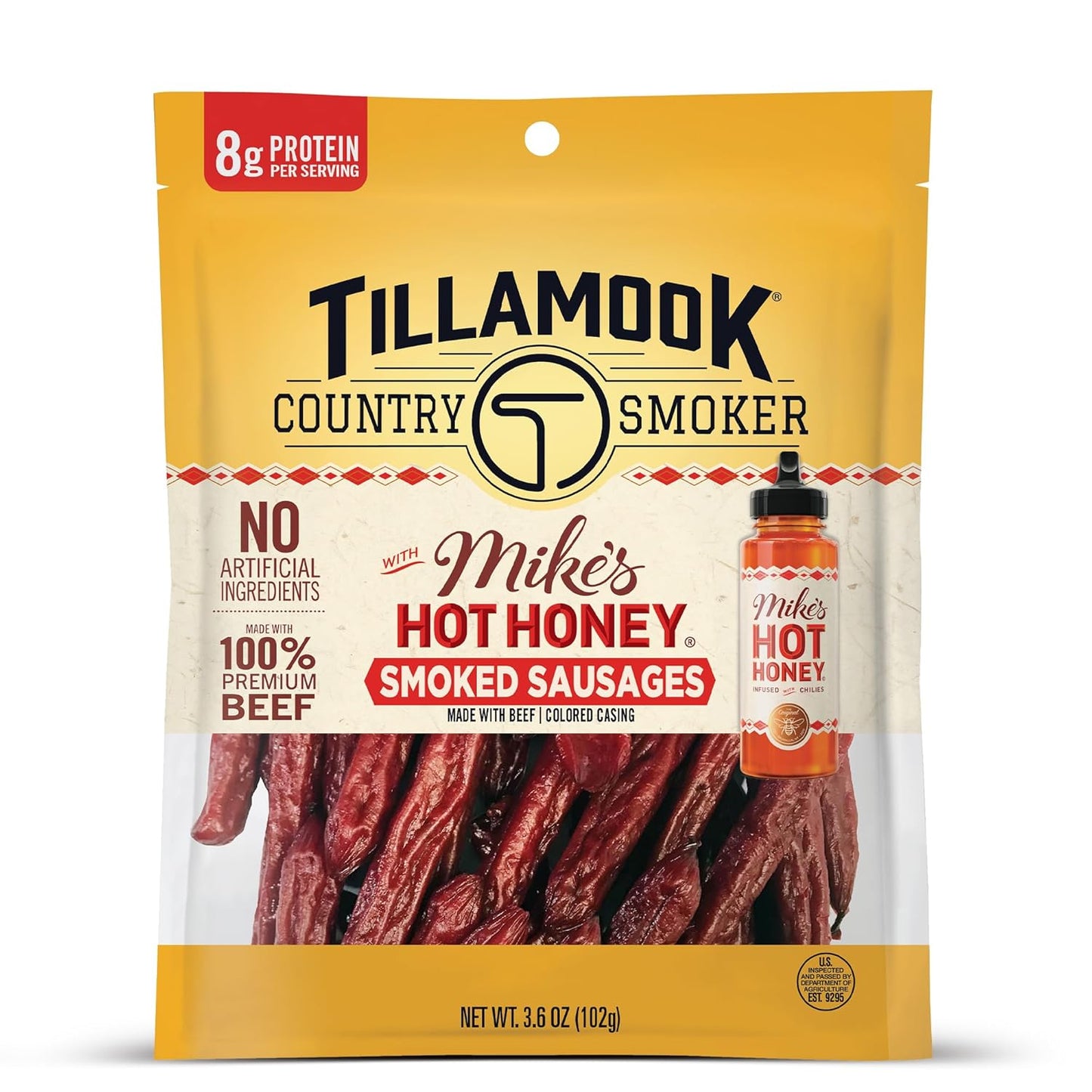 Tillamook_Country_Smoker_Beef_Smoked_Sausages,_Mike's_Hot_Honey,_3.6_Ounce,_Real_Hardwood_Smoked_Sausages,_Low_Carb,_High_Protein,_Ready_to_Eat_Sweet_&_Spicy_Snack