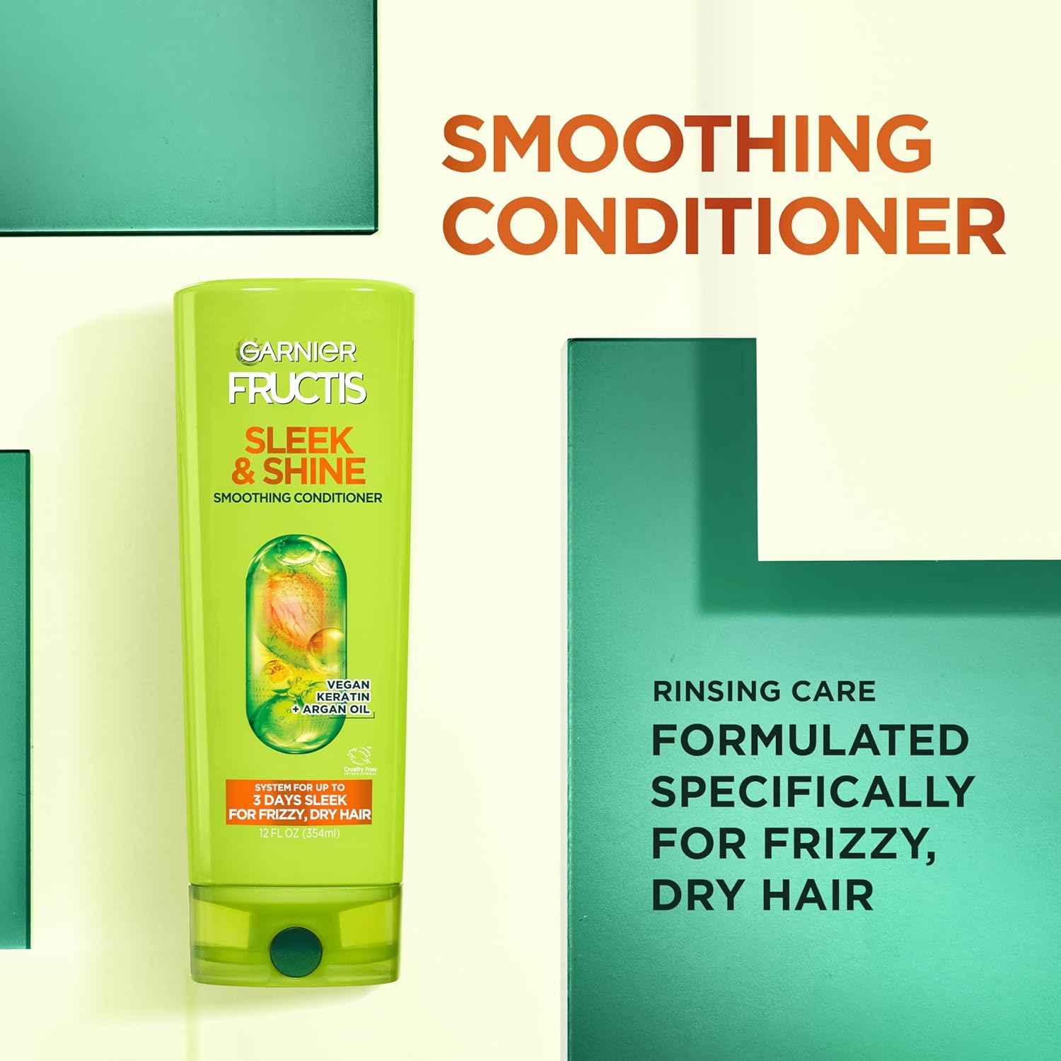 Garnier Fructis Sleek & Shine Shampoo, Conditioner + Leave-In Conditioer Set for Frizzy, Dry Hair, Plant Keratin + Argan Oil (3 Items), 1 Kit (Packaging May Vary)