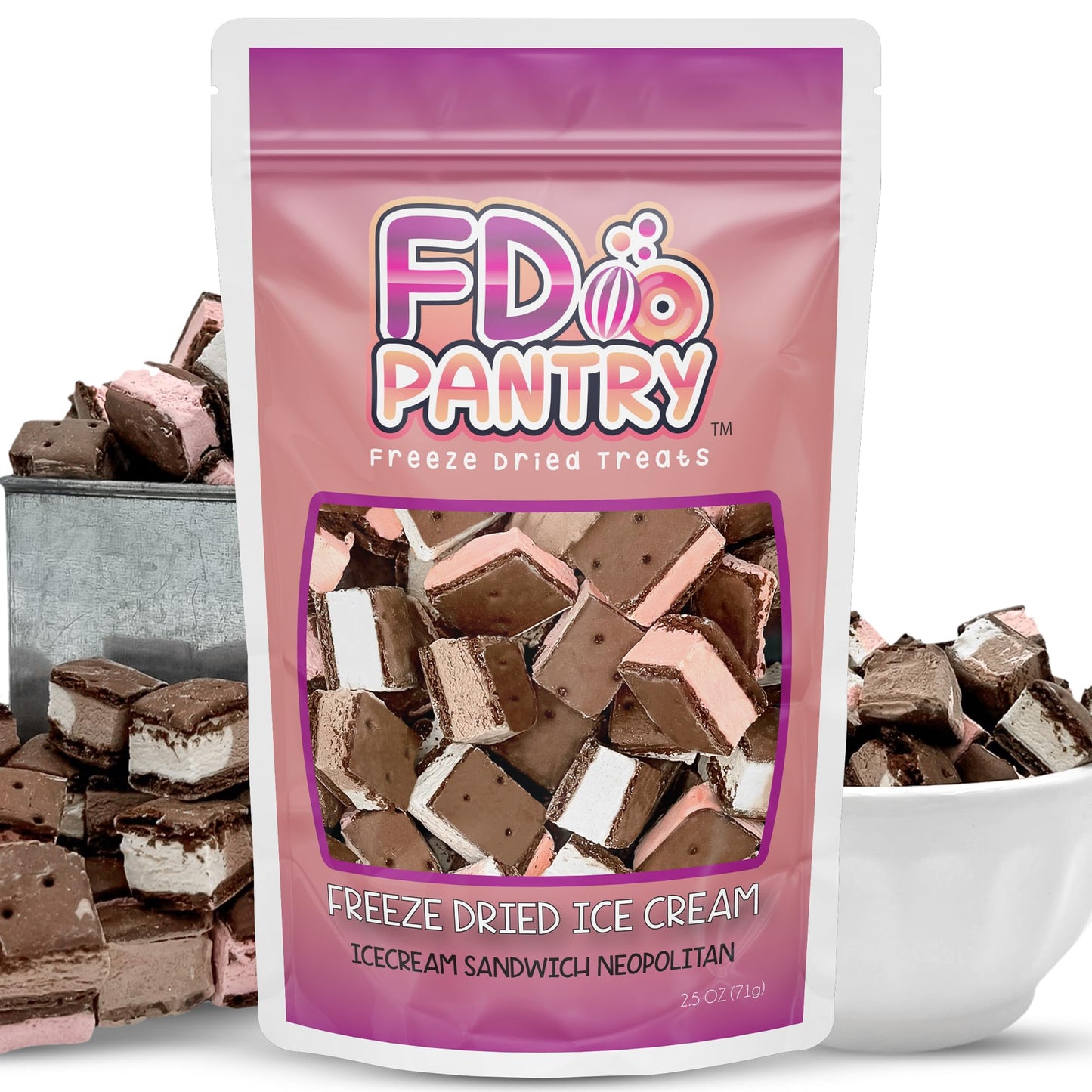 Freeze Dried Ice Cream Sandwich Bites, Neapolitan, Crunchy &amp;amp; Sweet Snack, 2.5 oz, Dehydrated, Resealable Gift Bag, Strawberry, Vanilla, Chocolate
