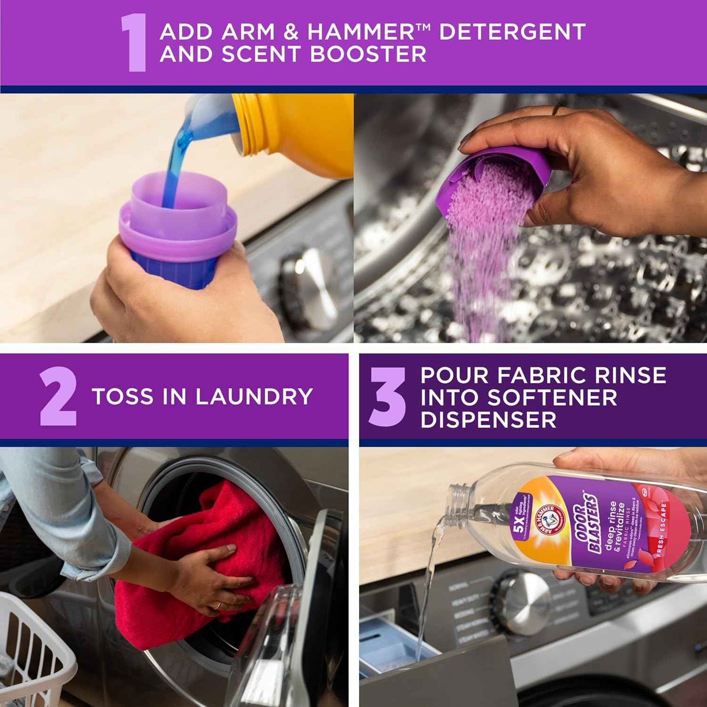 ARM & HAMMER Odor Blasters Deep Rinse and Revitalize Fabric Rinse, Laundry Additive, Eliminates Sweat and Musty Odors, Fresh Escape Scent, 50 fl oz