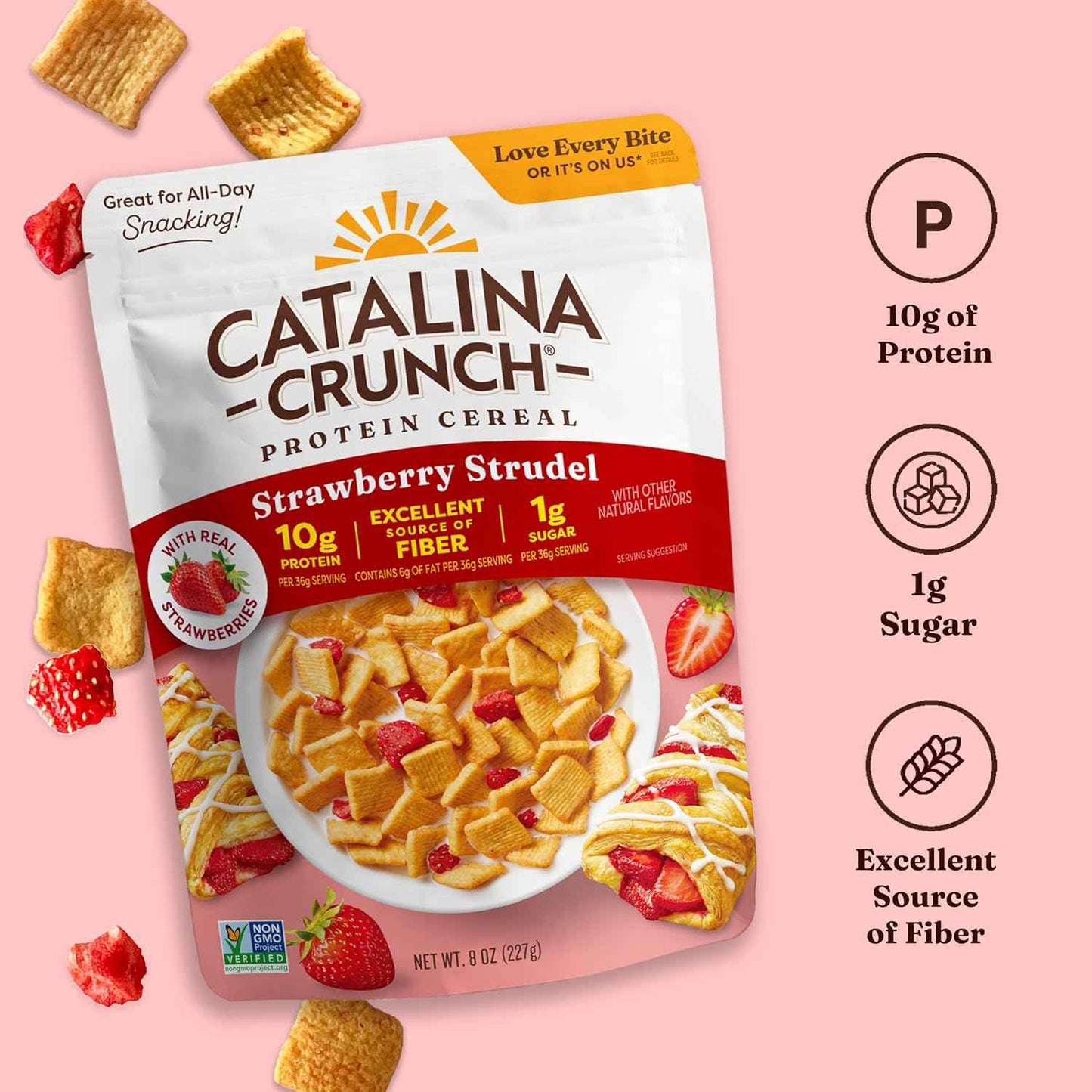 Catalina Crunch Protein Cereal - Breakfast Cereal with 10g of Protein, No Added Sugar - Gluten Free - Strawberry Strudel - 8 oz Bag