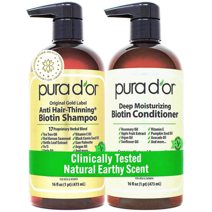 PURA D'OR Anti-Thinning Biotin Shampoo and Conditioner, CLINICALLY TESTED Effective Results, Herbal Blend Thickening Products For Women & Men, Original Gold Label Set, Natural Earthy Scent | Deep Moisturizing