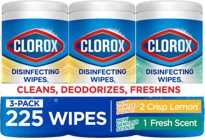 Clorox Disinfecting Wipes for Allergy Season, Bleach-Free, Multi-Surface Cleaner, Antibacterial, Fresh Scent & Crisp Lemon, 75 Count Each, Pack of 3