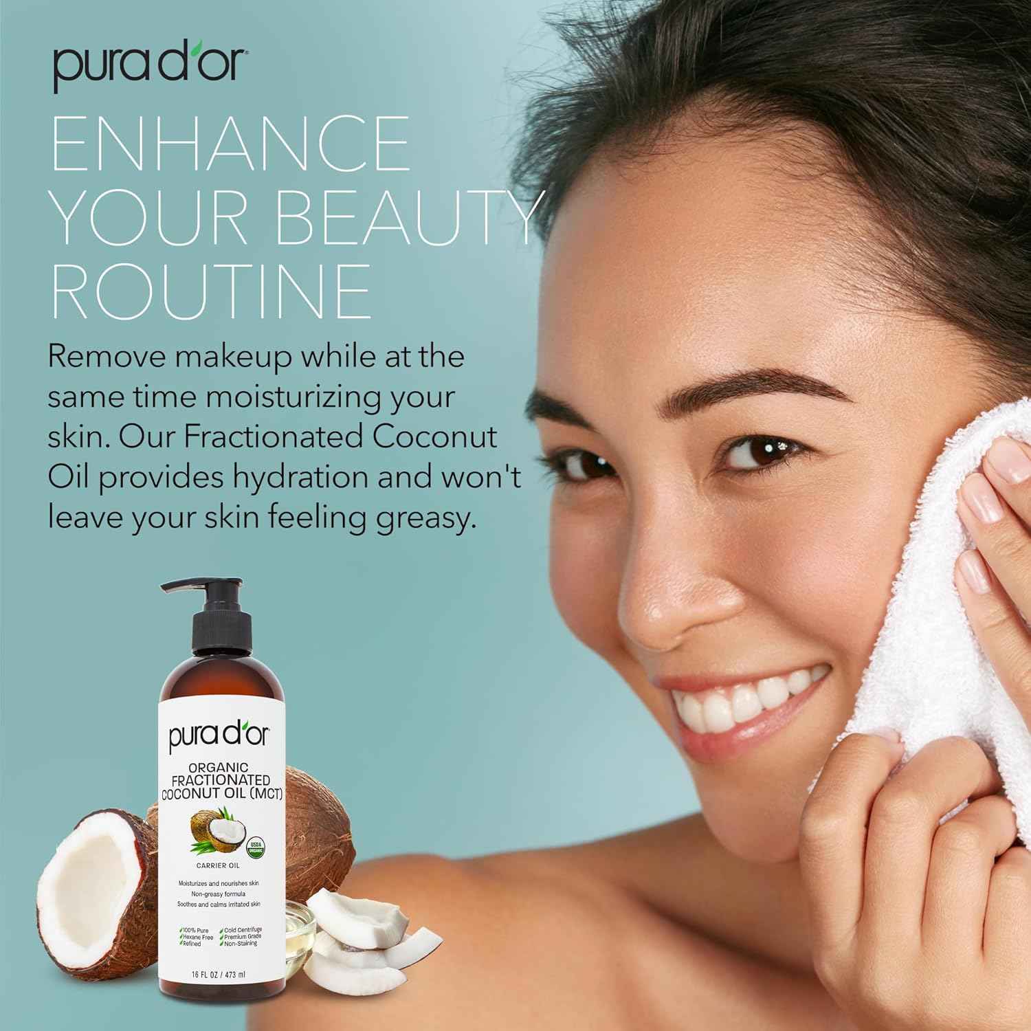 PURA D'OR ORGANIC Fractionated Oil – USDA Certified – MCT Oil – Therapeutic, Hydrating, Lightweight Moisturizer – Hexane Free Carrier Oil For Essential Oils & Massage – Face, Hair & Body