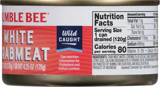 Bumble_Bee_White_Flake_Crab_Meat_in_Water,_6_oz_Can_-_16g_Protein_&_1g_Carb_Per_Serving_-_Wild_Caught,_Flaky,_Drain_Before_Use,_6_Ounce_(Pack_of_1)