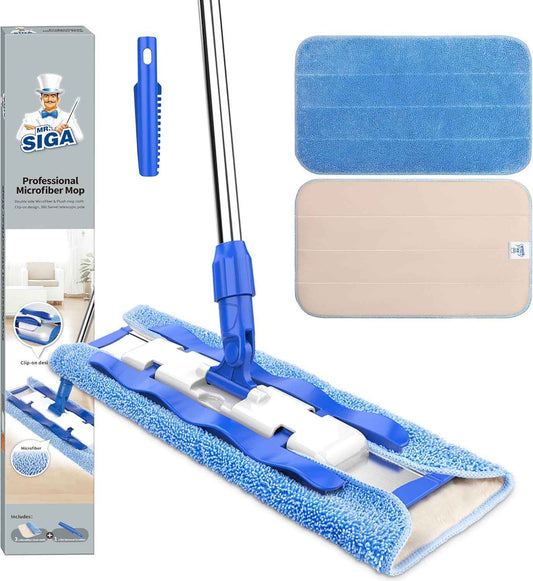 MR.SIGA Professional Microfiber Mop for Hardwood, Laminate, Tile Floor Cleaning, Stainless Steel Telescopic Handle