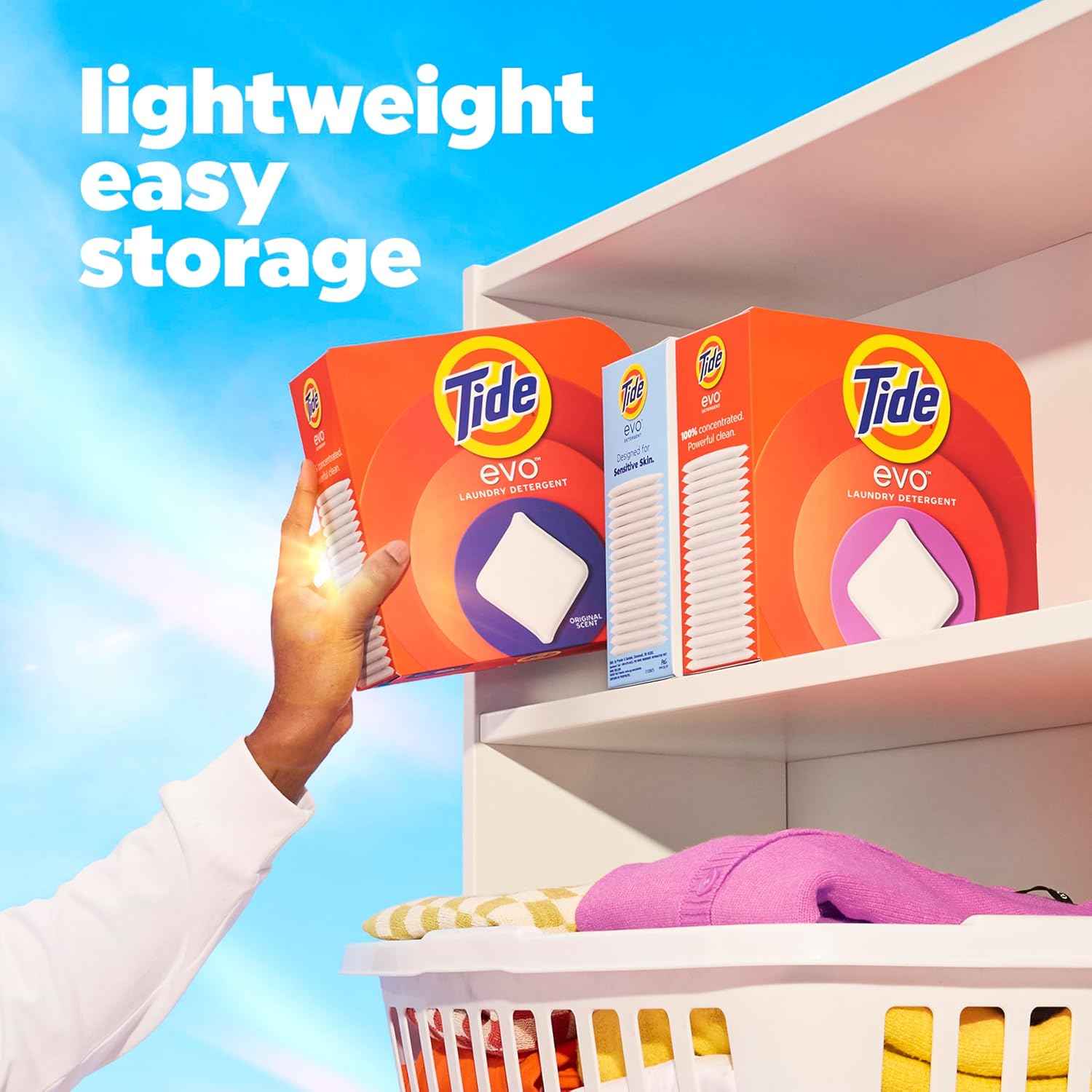 Tide evo Spring Blast Scent Laundry Detergent Fiber Tiles Works on 100% of Common Stains Safe for All Machines and Water Conditions Concentrated HE Compatible Clean and Instant Dissolve, 42 Count