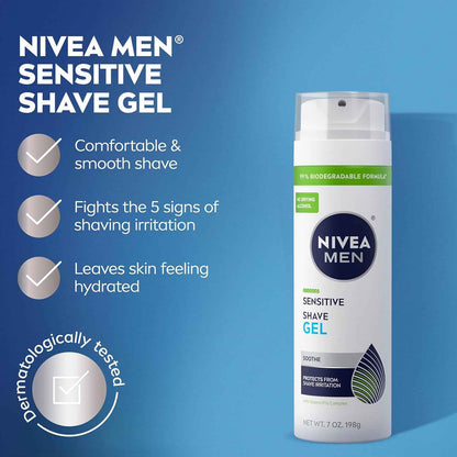 NIVEA MEN Sensitive Shave Gel, Shaving Gel for Men with Sensitive Skin, Enriched with VitaminPro Complex, 7 Oz Can, Pack of 3