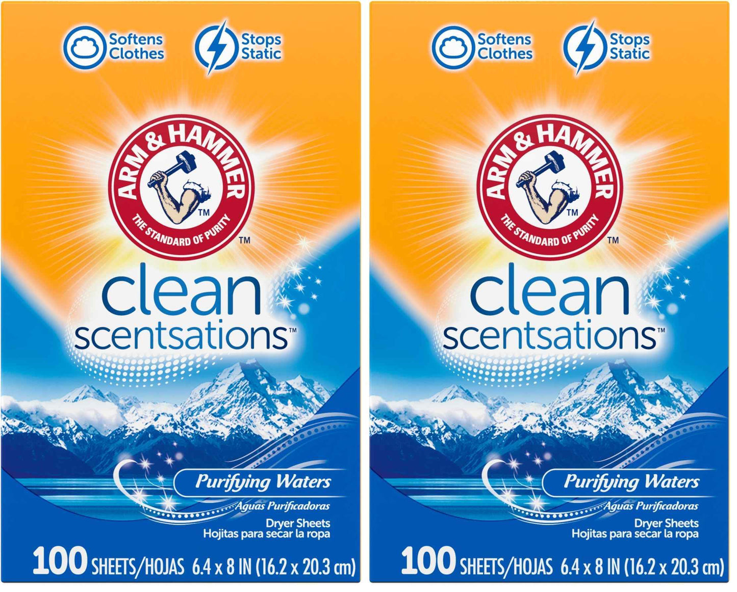 ARM & HAMMER Fabric Softener Sheets, 100 sheets, Purifying Waters
