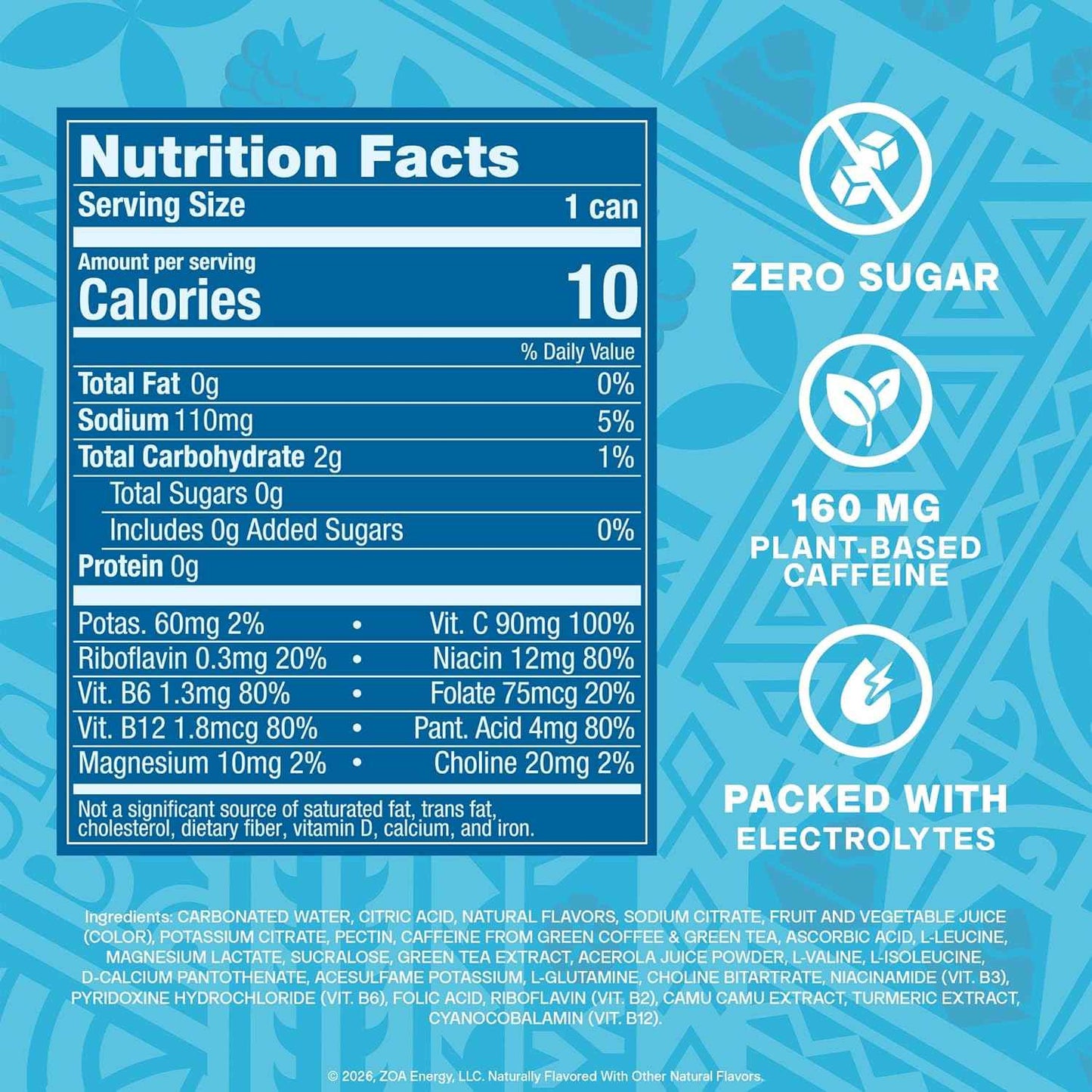 ZOA Sugar Free Energy Drink with Electrolytes, Vitamin C, B Vitamins + Amino Acids, 160 mg Green Tea Caffeine, Zero Sugar, 12 oz Cans, 12 Pack