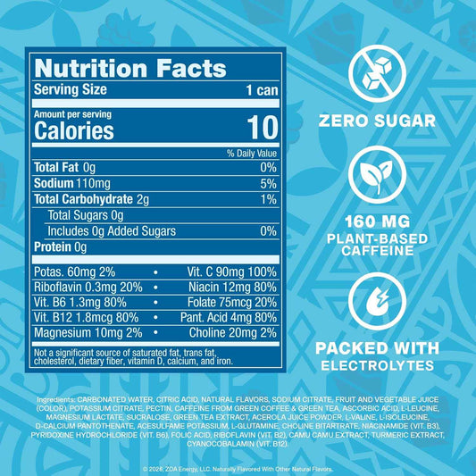 ZOA Sugar Free Energy Drink with Electrolytes, Vitamin C, B Vitamins + Amino Acids, 160 mg Green Tea Caffeine, Zero Sugar, 12 oz Cans, 12 Pack