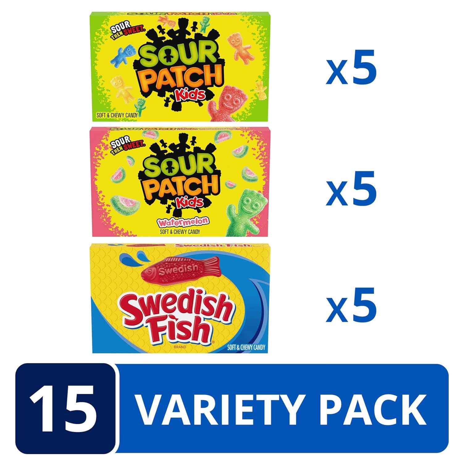 SOUR PATCH KIDS Original Candy, SOUR PATCH KIDS Watermelon Candy & SWEDISH FISH Candy Variety Pack, Easter Candy, 15 Movie Theater Candy Boxes