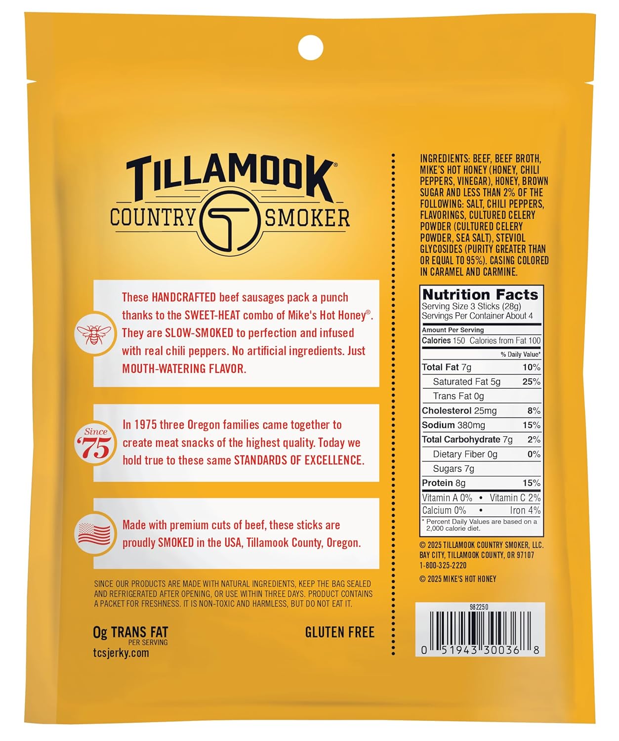 Tillamook_Country_Smoker_Beef_Smoked_Sausages,_Mike's_Hot_Honey,_3.6_Ounce,_Real_Hardwood_Smoked_Sausages,_Low_Carb,_High_Protein,_Ready_to_Eat_Sweet_&_Spicy_Snack