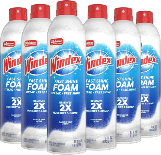 Windex Fast Shine Foam Glass Cleaner, No-Drip Windows, Doors, Mirrors & Countertops Aerosol Cleaning Spray, Streak-Free Shine, Removes Fingerprints, Dust, Dirt, Grime & More 19 oz (Pack of 6)