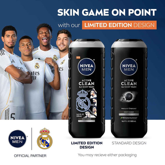 NIVEA MEN Real Madrid Limited Edition Design Active Clean Body Wash with Natural Charcoal for Normal to Oily Skin, 3-in-1 Charcoal Body Wash, Face and Hair