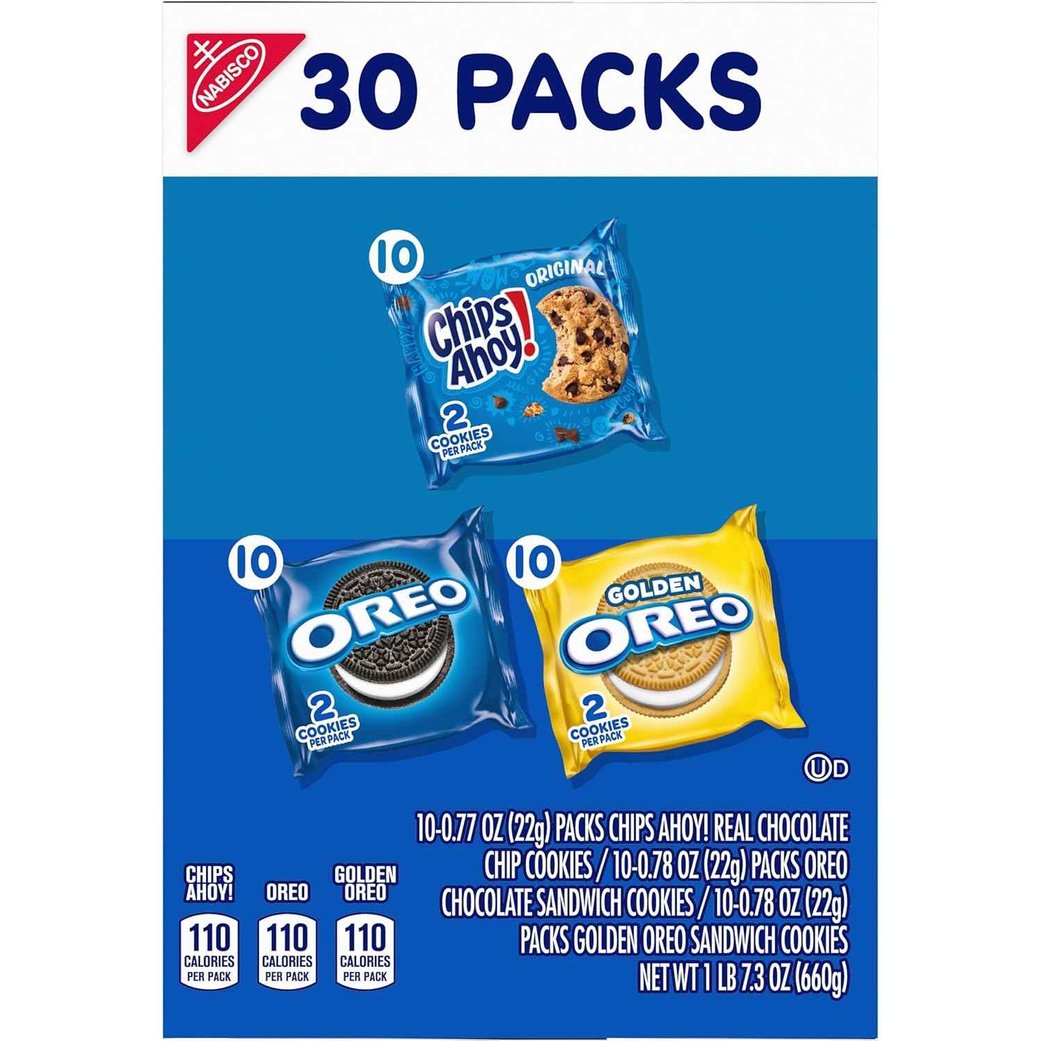 Nabisco Sweet Treats Cookie Variety Pack OREO, OREO Golden & CHIPS AHOY!, 30 Snack Packs (2 Cookies Per Pack)