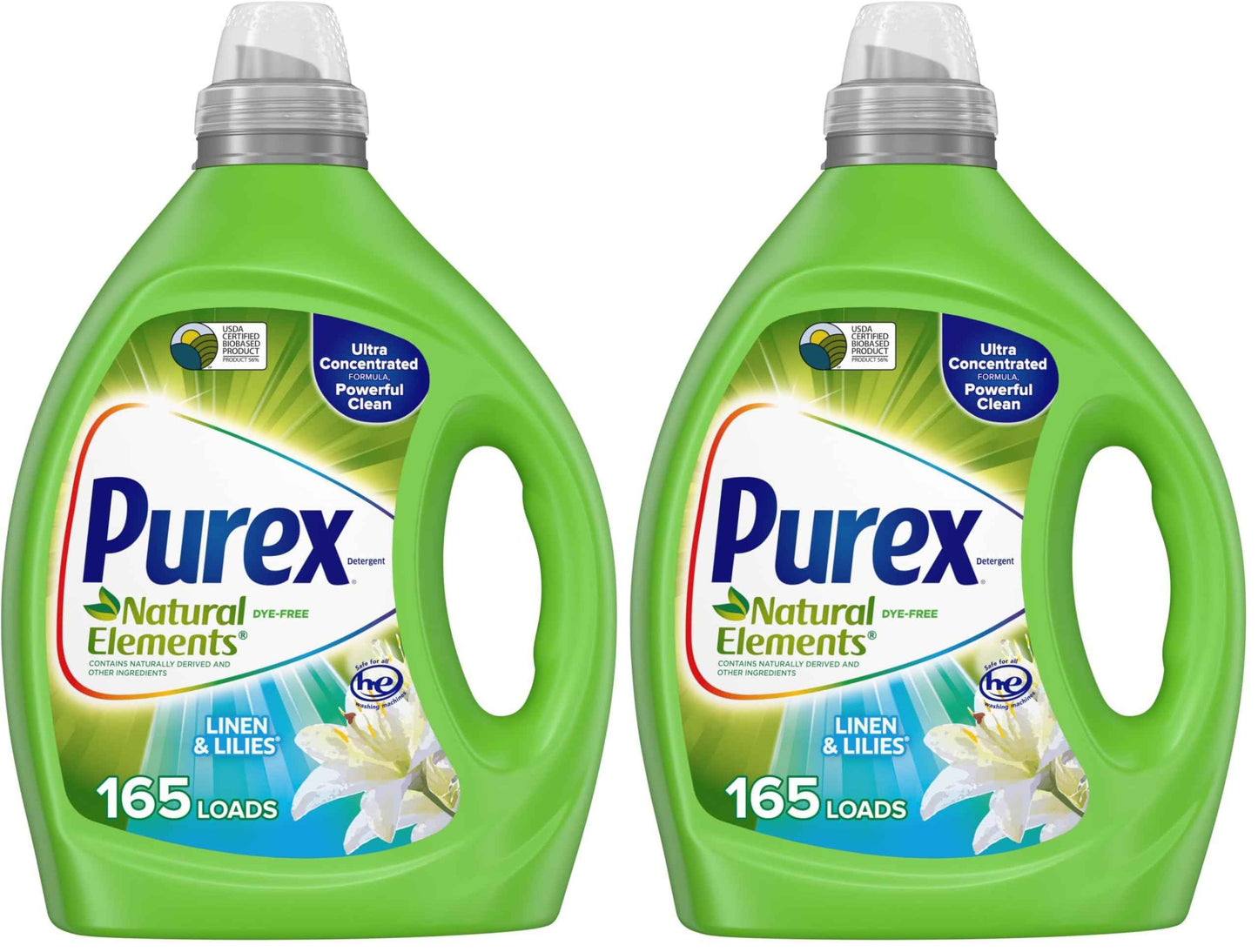 Purex Natural Elements Fresh Lilies & Linen Liquid Detergent, 82.5 oz, 165 Loads, Ultra-Concentrated, Dye-Free, USDA Certified Biobased Product