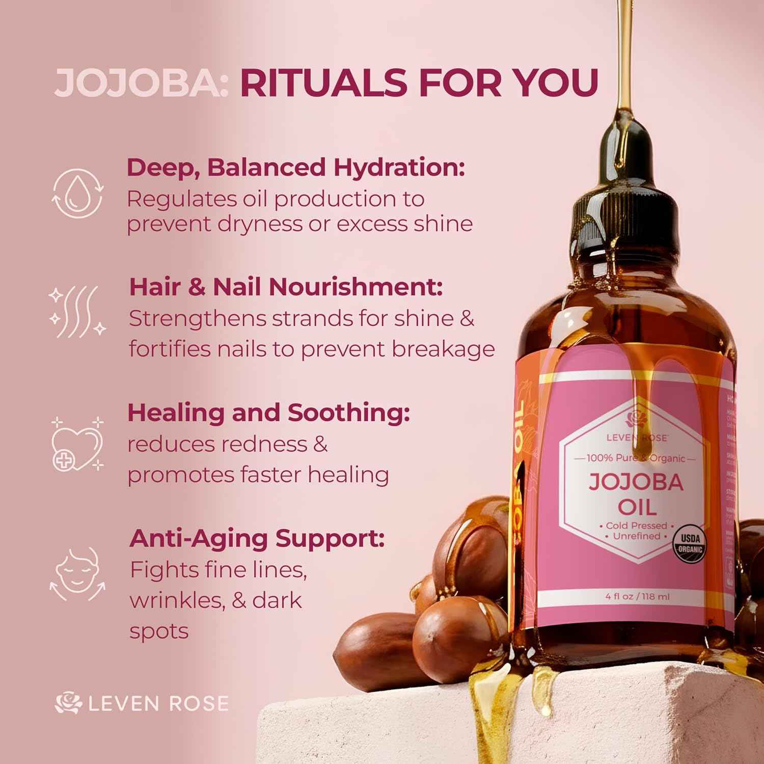 Leven Rose Jojoba Oil Organic, Pure Cold Pressed Carrier Oil, Natural Unrefined Moisturizer for Skin Hair and Nails