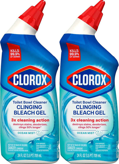 Clorox Toilet Bowl Cleaner Clinging Bleach Gel, Kills 99.9% of Bacteria and Viruses, Ocean Mist, 24 Fl Oz, Pack of 2