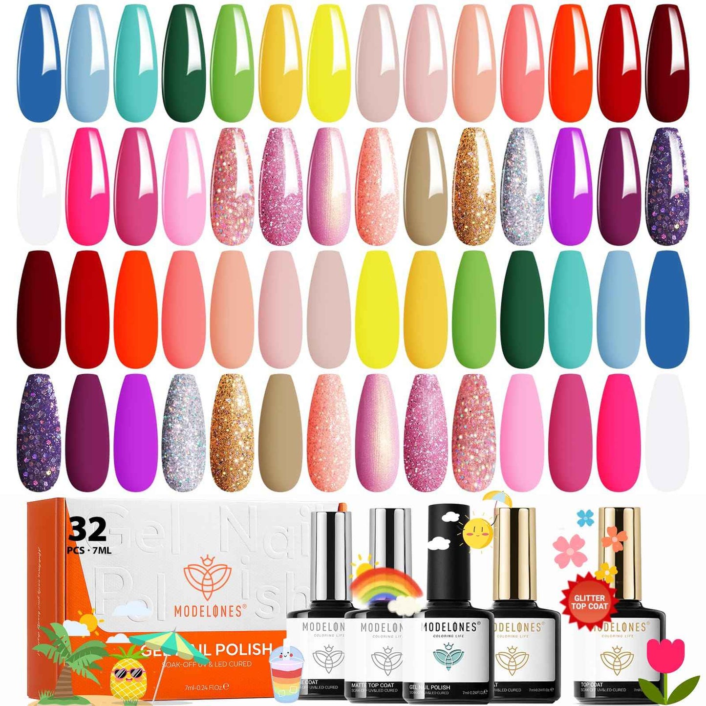 modelones 32 PCS Gel Nail Polish Set, 28 Colors Gel Polish with No Wipe Base Coat, Glitter & Glossy & Matte Top Coat Black Brown Red Purple Soak Off LED Nail Art Kit Salon at Home