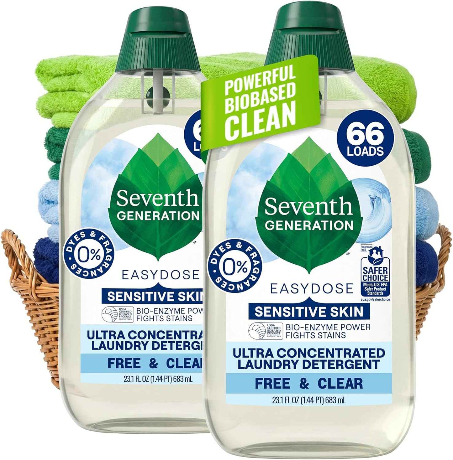 Seventh Generation Ultra Concentrated Free & Clear Laundry Detergent, 23.1 fl oz, No Dyes or Fragrance, EasyDose Cap, Sensitive Skin Liquid Laundry Soap Targets Stains and Everyday Messes
