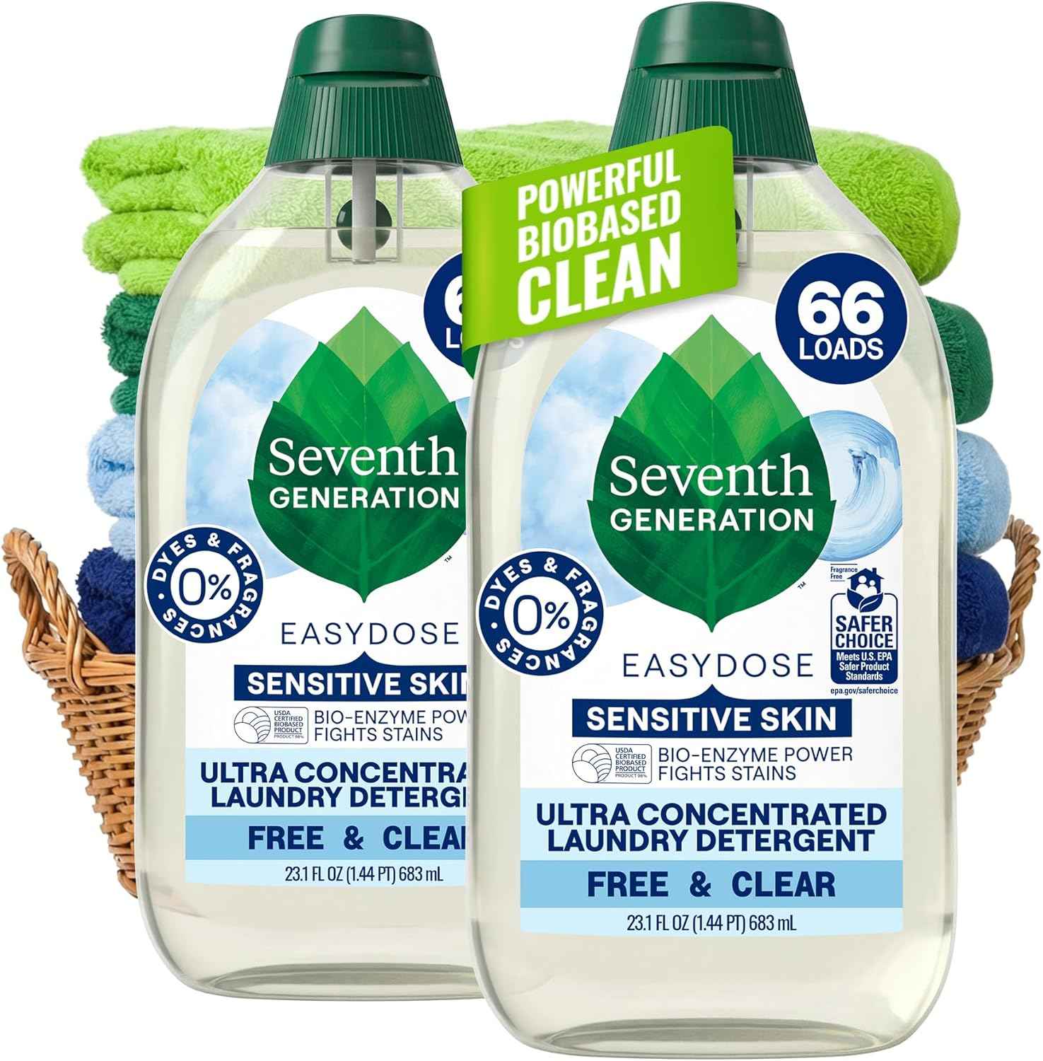 Seventh Generation Ultra Concentrated Free & Clear Laundry Detergent, 23.1 fl oz, No Dyes or Fragrance, EasyDose Cap, Sensitive Skin Liquid Laundry Soap Targets Stains and Everyday Messes