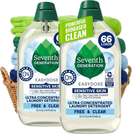 Seventh Generation Ultra Concentrated Free & Clear Laundry Detergent, 23.1 fl oz, No Dyes or Fragrance, EasyDose Cap, Sensitive Skin Liquid Laundry Soap Targets Stains and Everyday Messes