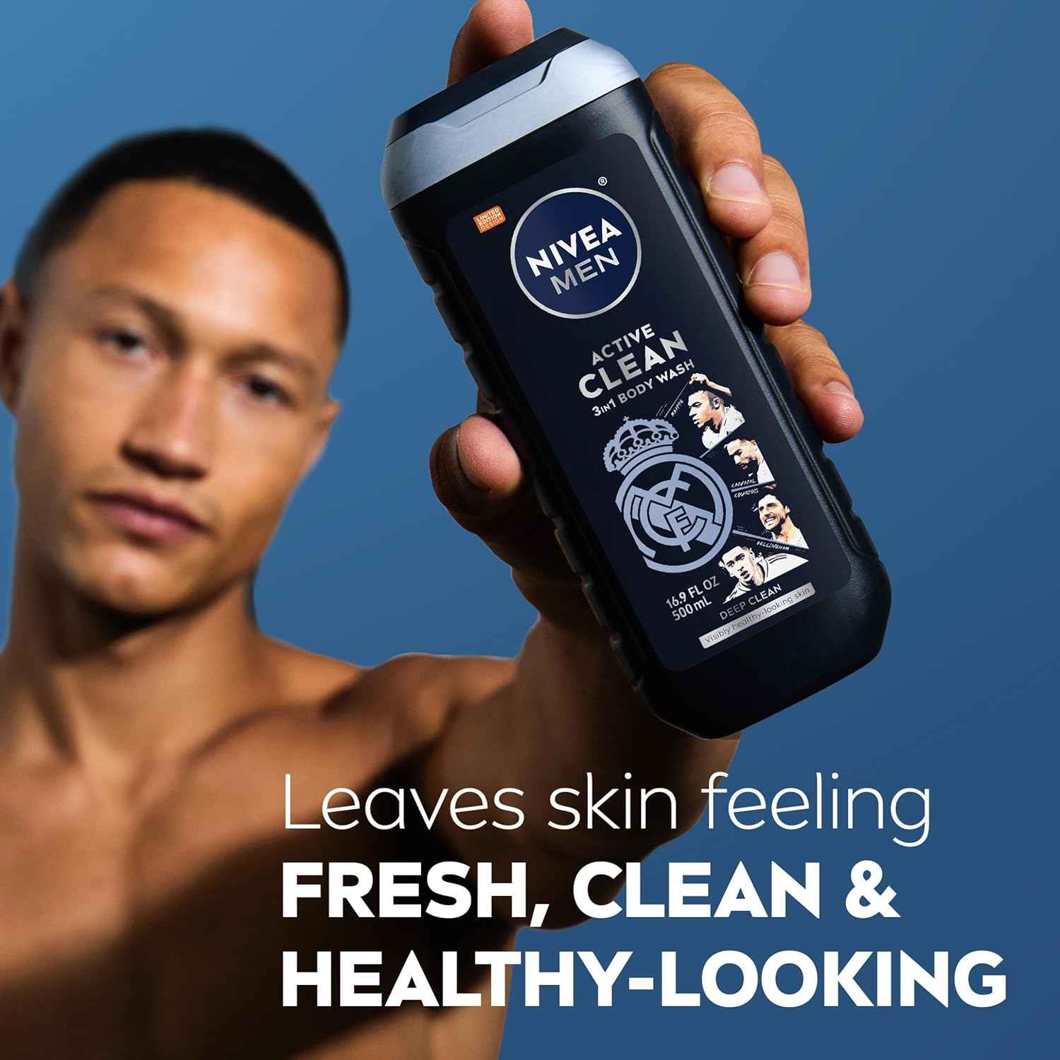 NIVEA MEN Real Madrid Limited Edition Design Active Clean Body Wash with Natural Charcoal for Normal to Oily Skin, 3-in-1 Charcoal Body Wash, Face and Hair