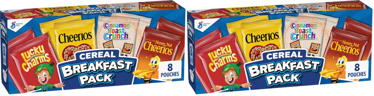 General Mills Breakfast Cereal Variety Pack, Lucky Charms, Cinnamon Toast Crunch, and Cheerios Varieties, Single Serve Snacks, 9.14 oz (8 Pouches) (Pack of 2)