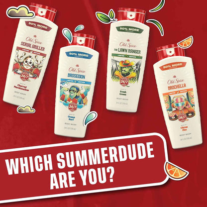 Old Spice Body Wash for Men, Summerdudes, 24/7 Shower Fresh with Daily Use, Long Lasting Scent, Cleanse & Refresh Skin, VIP Festival Experience, Serial Griller with Charred Marshmallow Scent, 24 oz