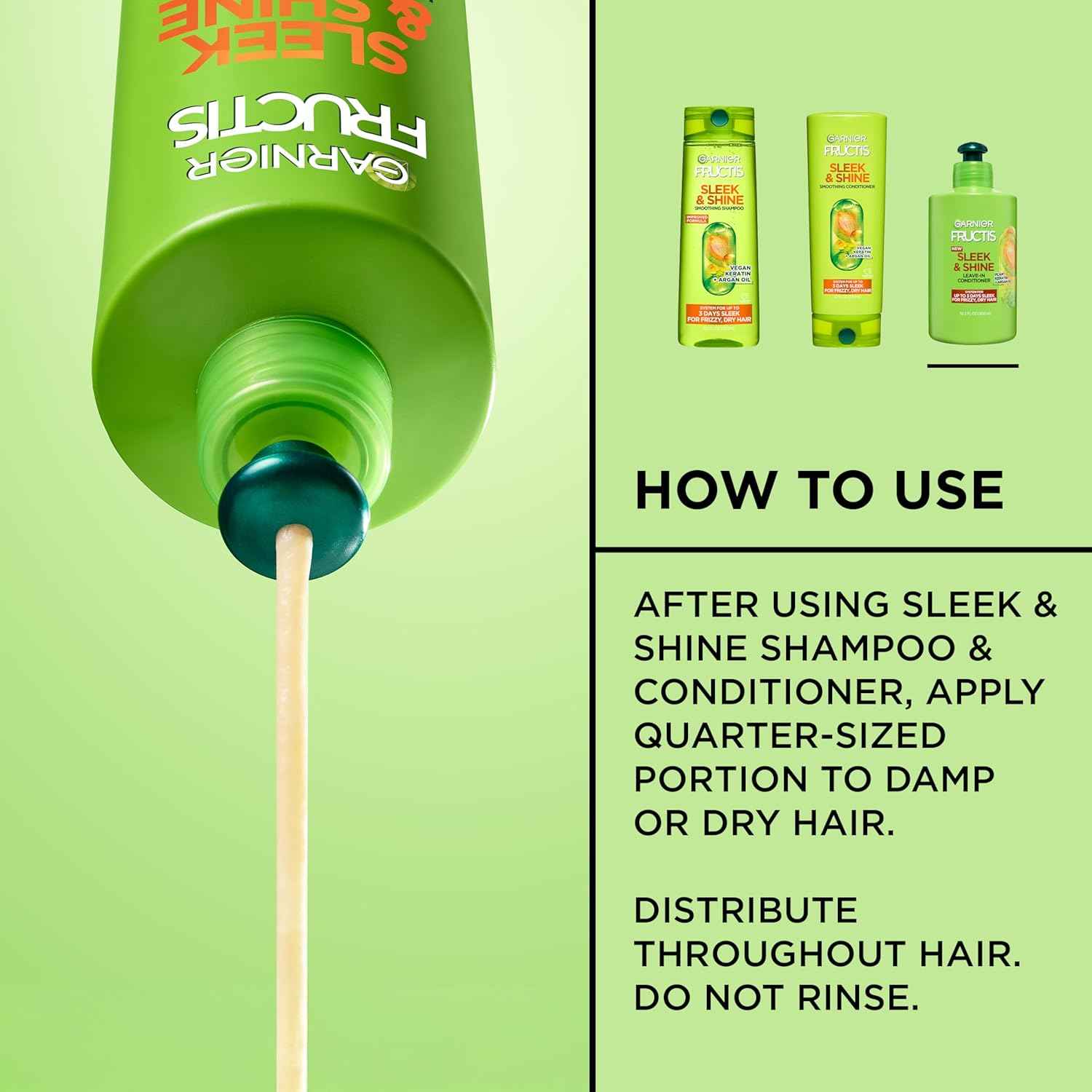 Garnier Fructis Sleek and Shine Intense Smooth Leave In Conditioner, Conditioning Hair Cream for Frizzy, Dry Hair, Plant Keratin + Argan Oil