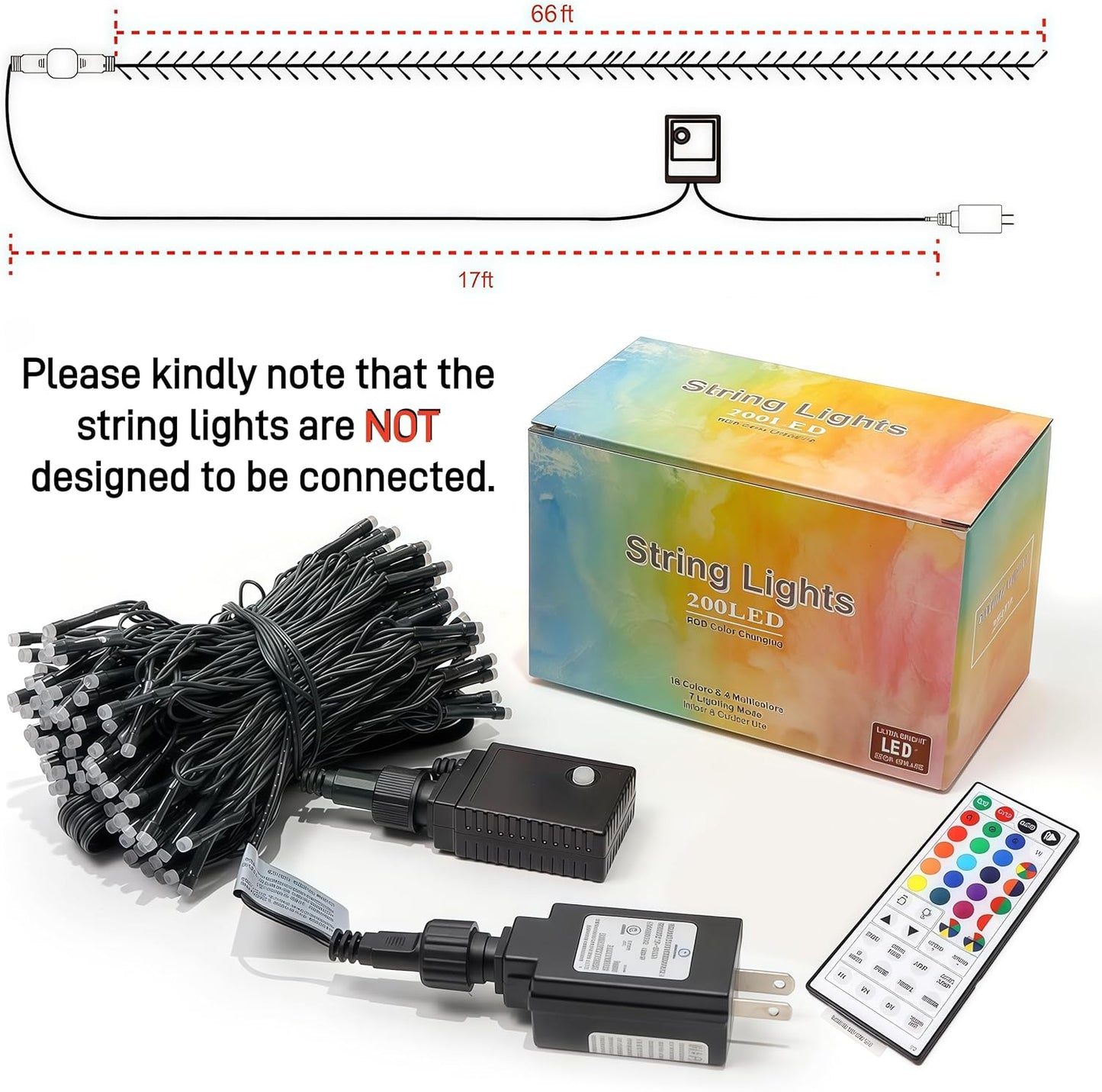 HOME_LIGHTING_66ft_Christmas_Decorative_Mini_Lights,_200_LED_RGB_Changing_8_Functional_Green_Wire_Fairy_Halloween_Lights_with_Remote_Timer,_Plug_in_Indoor_Outdoor_Xmas_Wedding_Party_Decor