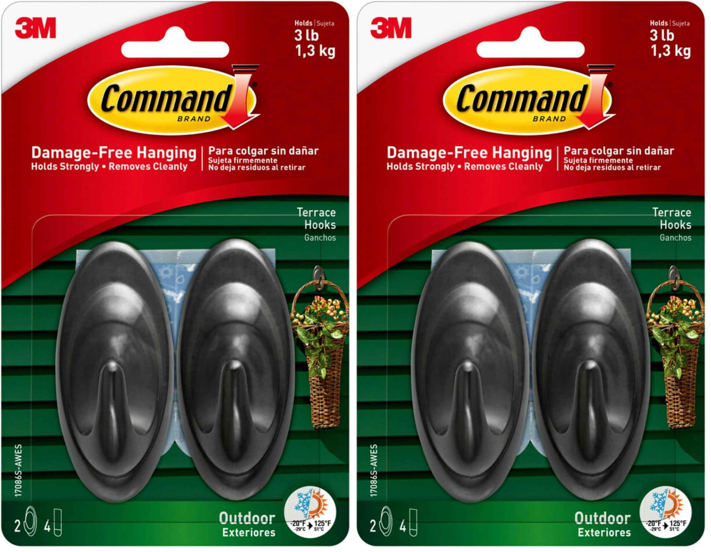 Command Terrace Hooks, 2 Hooks and 4 Strips, Damage-Free Hanging Wall Hook for Wall Decor, Holds up to 3 lb
