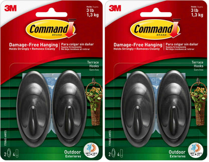 Command Terrace Hooks, 2 Hooks and 4 Strips, Damage-Free Hanging Wall Hook for Wall Decor, Holds up to 3 lb