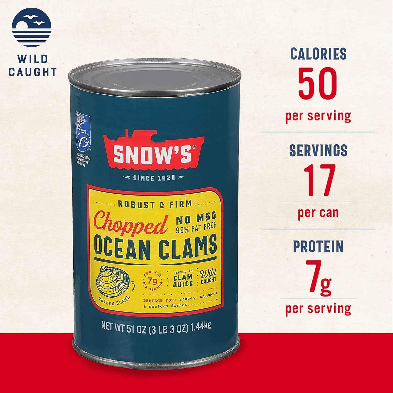 Snow's Ocean Chopped Clams Canned, Can - 7g Protein per Serving - Gluten Free, No MSG, 99% Fat Free - Great for Pasta & Seafood Recipes