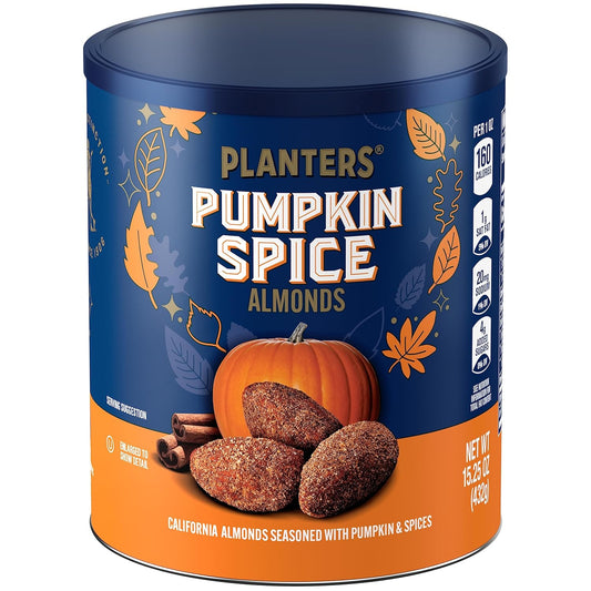 PLANTERS_Fall_Edition_Pumpkin_Spice_Almonds,_Pumpkin_Spice_Snacks,_Cooking_&_Baking_Nuts_&_Seeds,_Flavored_Almonds,_Seasonal_Nuts,_Fall_Party_Snacks,_Plant-Based_Protein,_15.25_oz_Canister