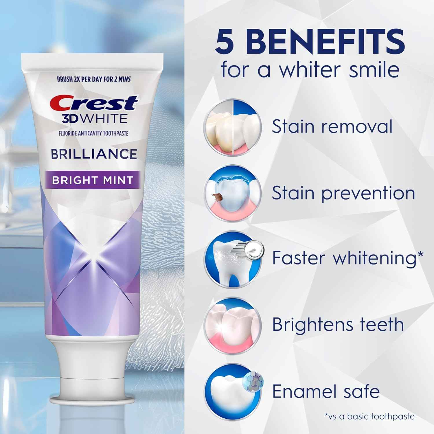 Crest 3D White Brilliance Bright Mint Teeth Whitening Toothpaste, 4.3 oz Pack of 3, 100% More Surface Stain Removal, 24 Hour Active Stain Prevention, Whiter Teeth in 3 Days