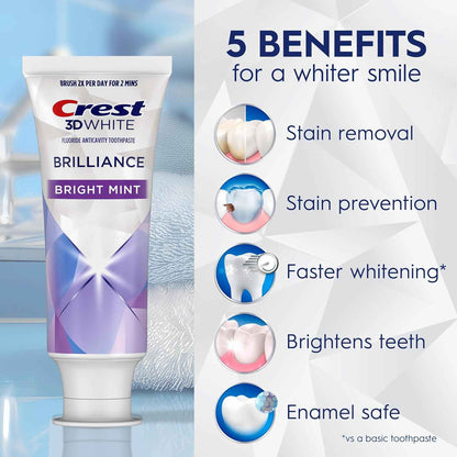 Crest 3D White Brilliance Bright Mint Teeth Whitening Toothpaste, 4.3 oz Pack of 3, 100% More Surface Stain Removal, 24 Hour Active Stain Prevention, Whiter Teeth in 3 Days