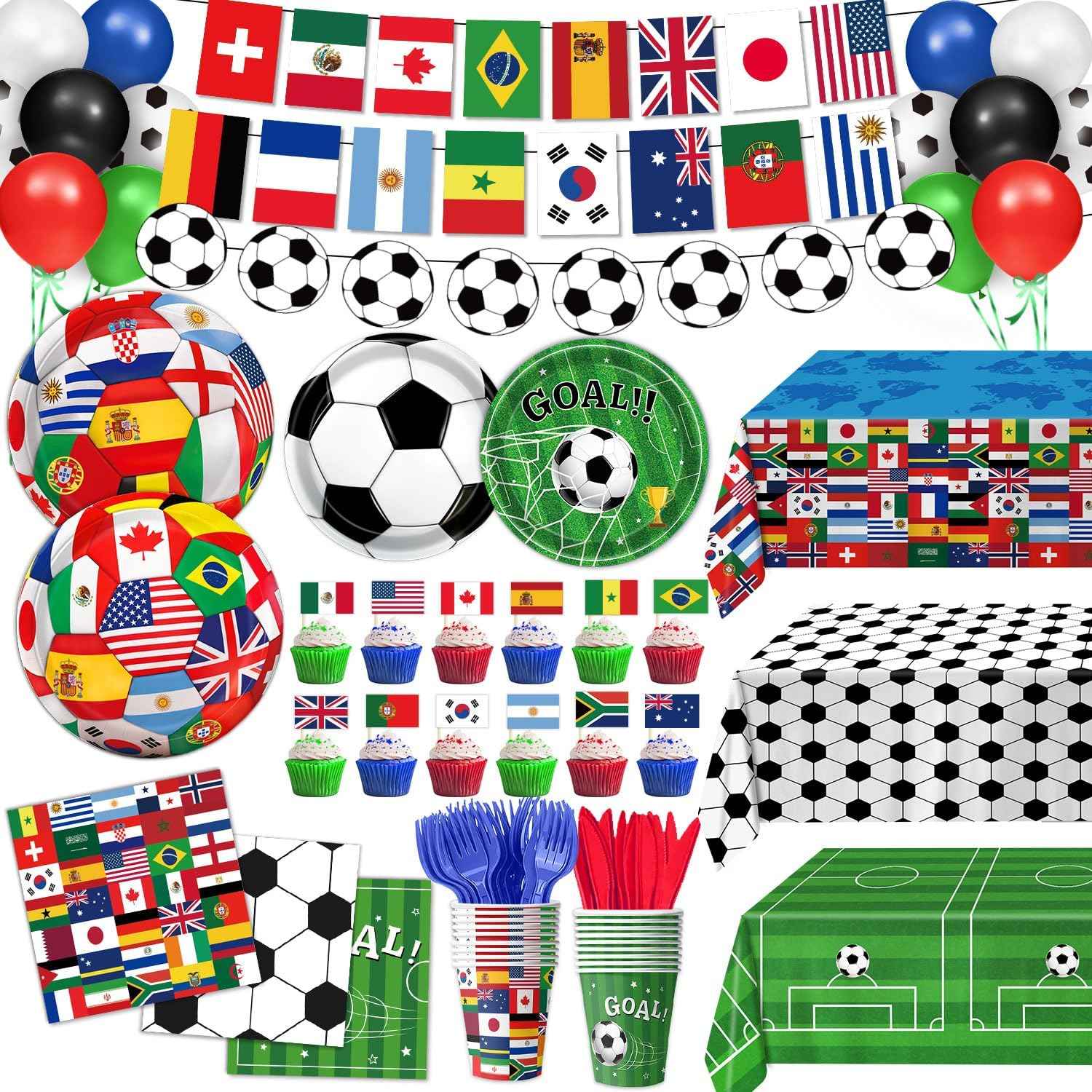 Soccer Birthday Party Decorations Includes Plates, Napkins, Cups, Banner, Hanging Swirls, Tablecloths, Balloons, Cupcake Toppers for 2026 Soccer Party Decorations, Serves 24