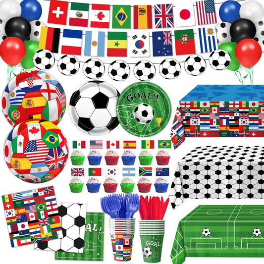 Soccer Birthday Party Decorations Includes Plates, Napkins, Cups, Banner, Hanging Swirls, Tablecloths, Balloons, Cupcake Toppers for 2026 Soccer Party Decorations, Serves 24